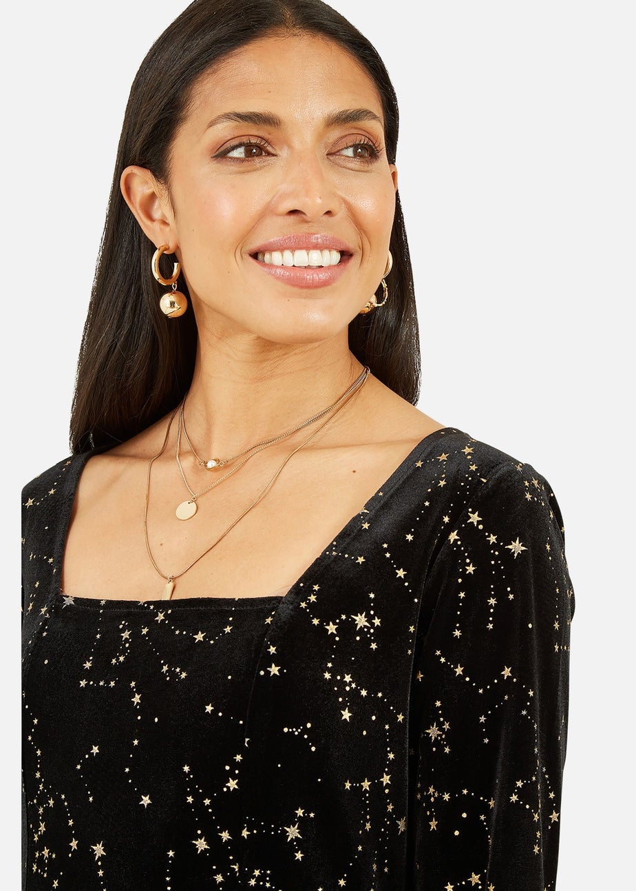 Yumi Black Star Foil Print Long Sleeve Skater Dress