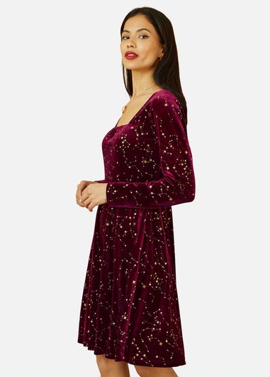 Yumi Burgundy Star Foil Print Long Sleeve Skater Dress