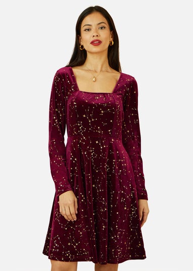 Yumi Burgundy Star Foil Print Long Sleeve Skater Dress