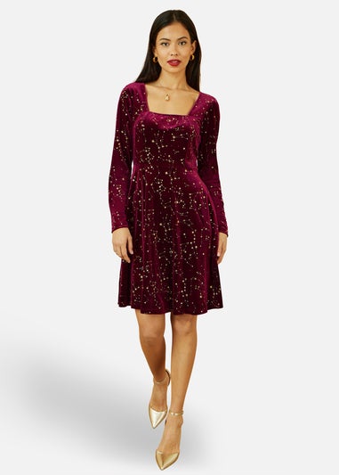 Yumi Burgundy Star Foil Print Long Sleeve Skater Dress