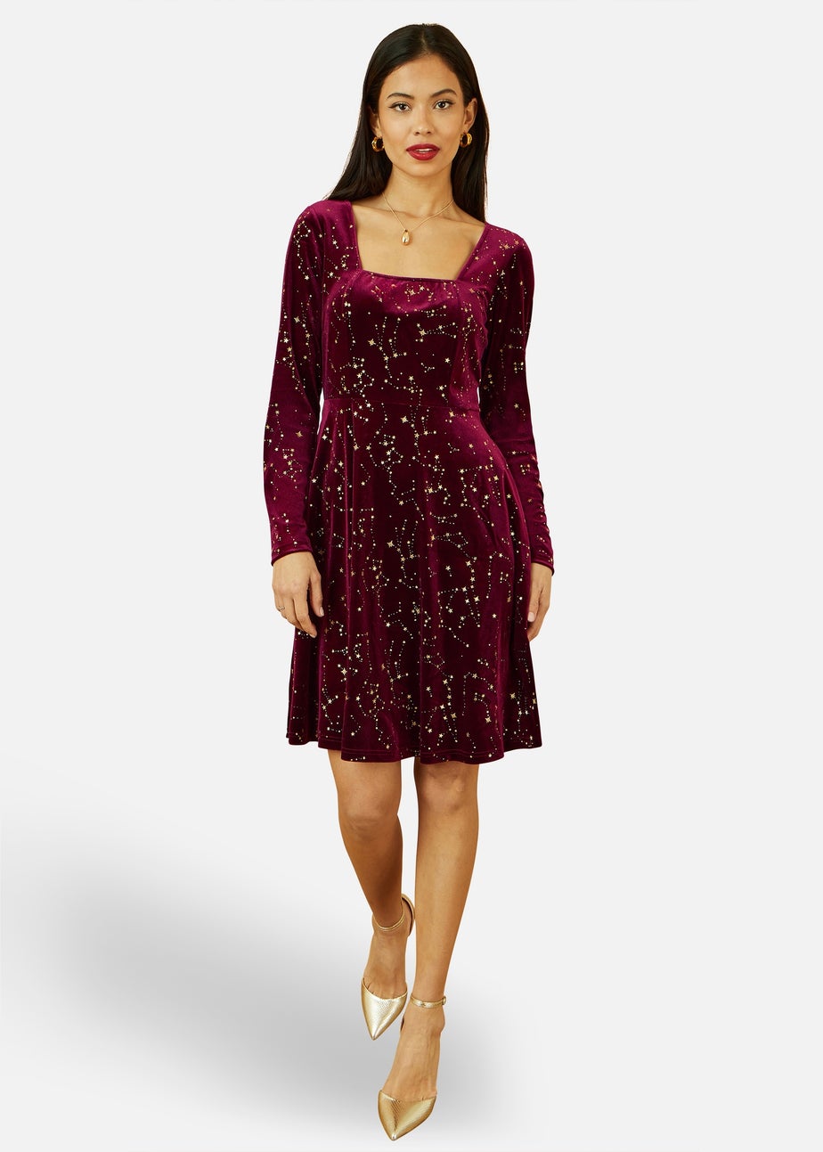 Yumi Burgundy Star Foil Print Long Sleeve Skater Dress