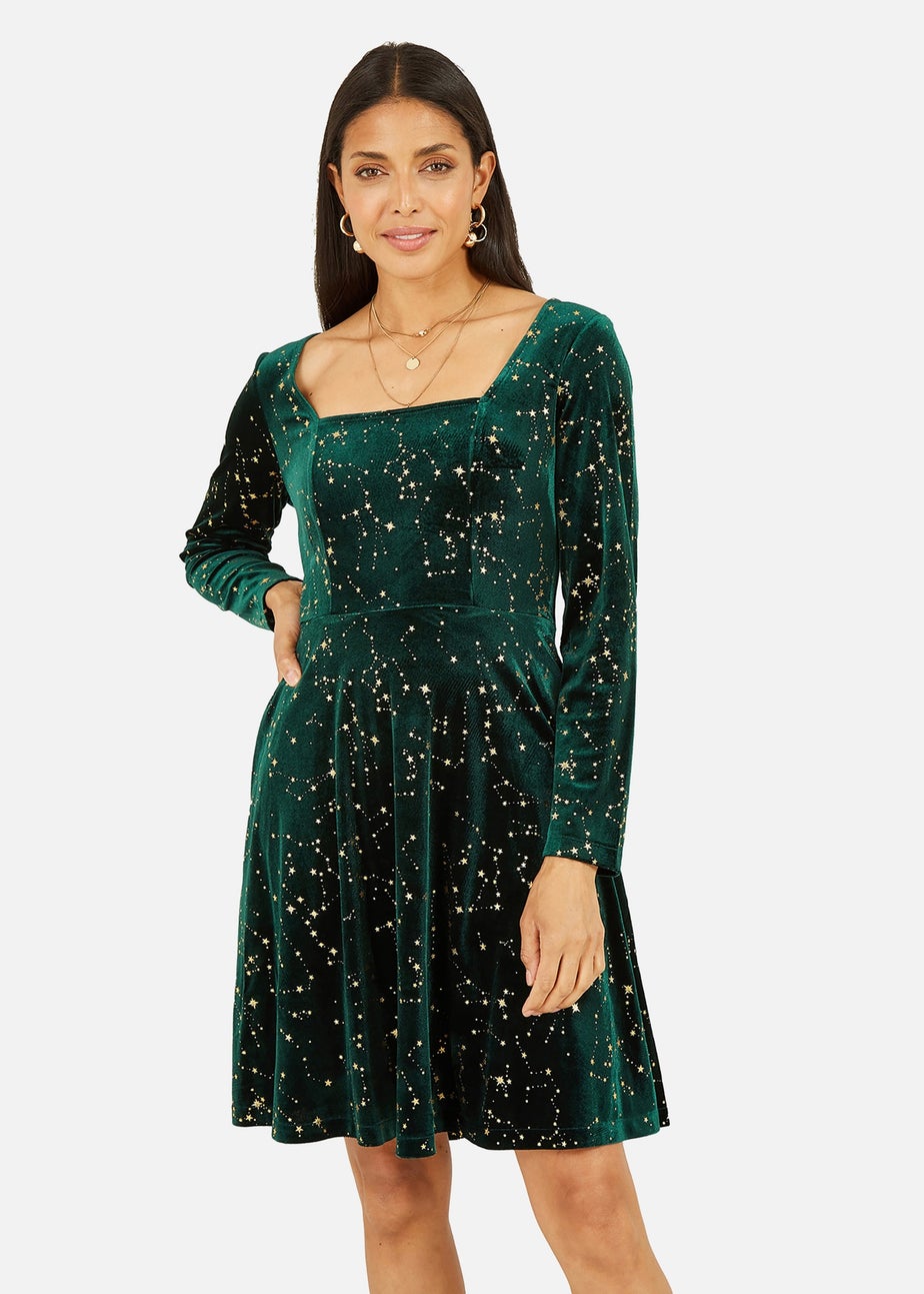 Yumi Green Star Foil Print Long Sleeve Skater Dress