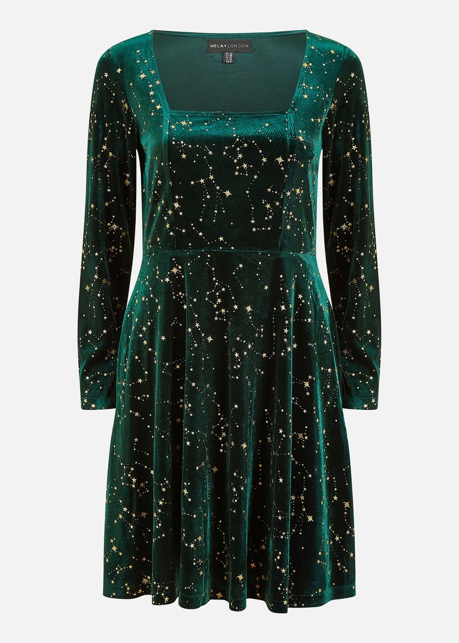 Yumi Green Star Foil Print Long Sleeve Skater Dress