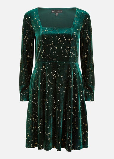Yumi Green Star Foil Print Long Sleeve Skater Dress