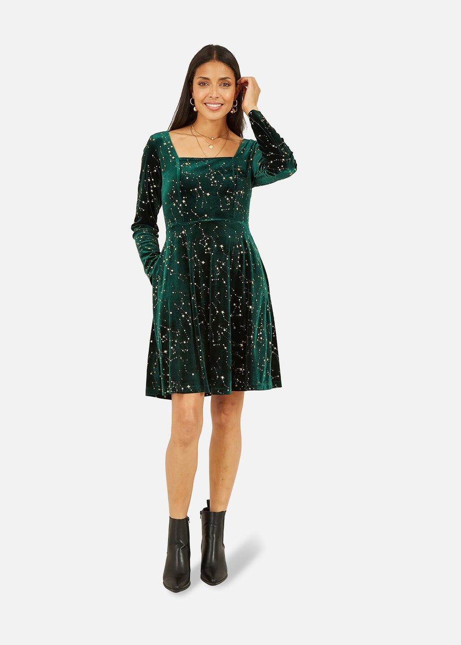 Yumi Green Star Foil Print Long Sleeve Skater Dress