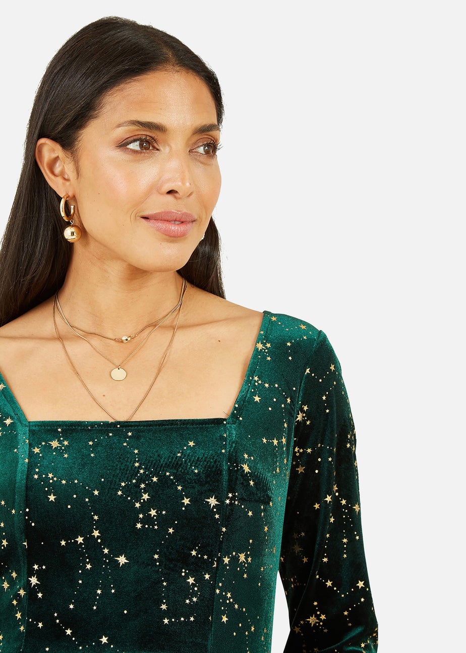 Yumi Green Star Foil Print Long Sleeve Skater Dress