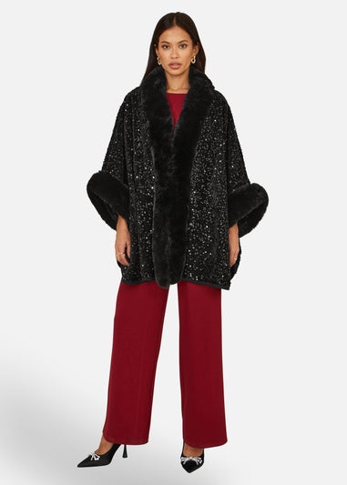 Yumi Black Sequin Cape With Faux Fur Trim & Lining