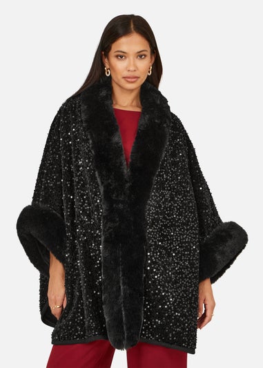 Yumi Black Sequin Cape With Faux Fur Trim & Lining