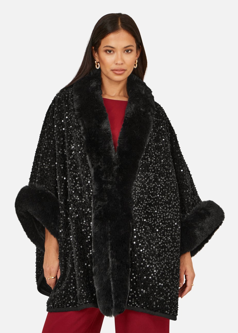 Yumi Black Sequin Cape With Faux Fur Trim & Lining