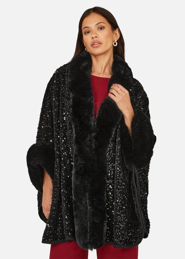 Yumi Black Sequin Cape With Faux Fur Trim & Lining