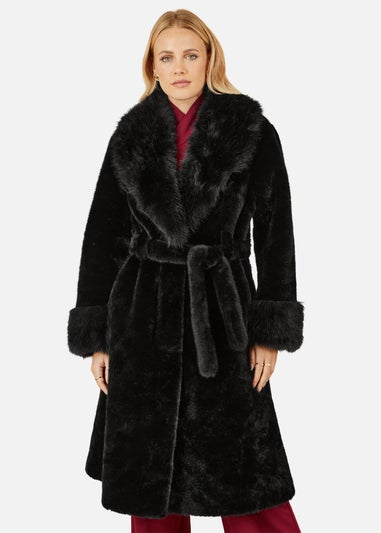 Yumi Black Wrap Faux Fur Coat With Oversize Collar