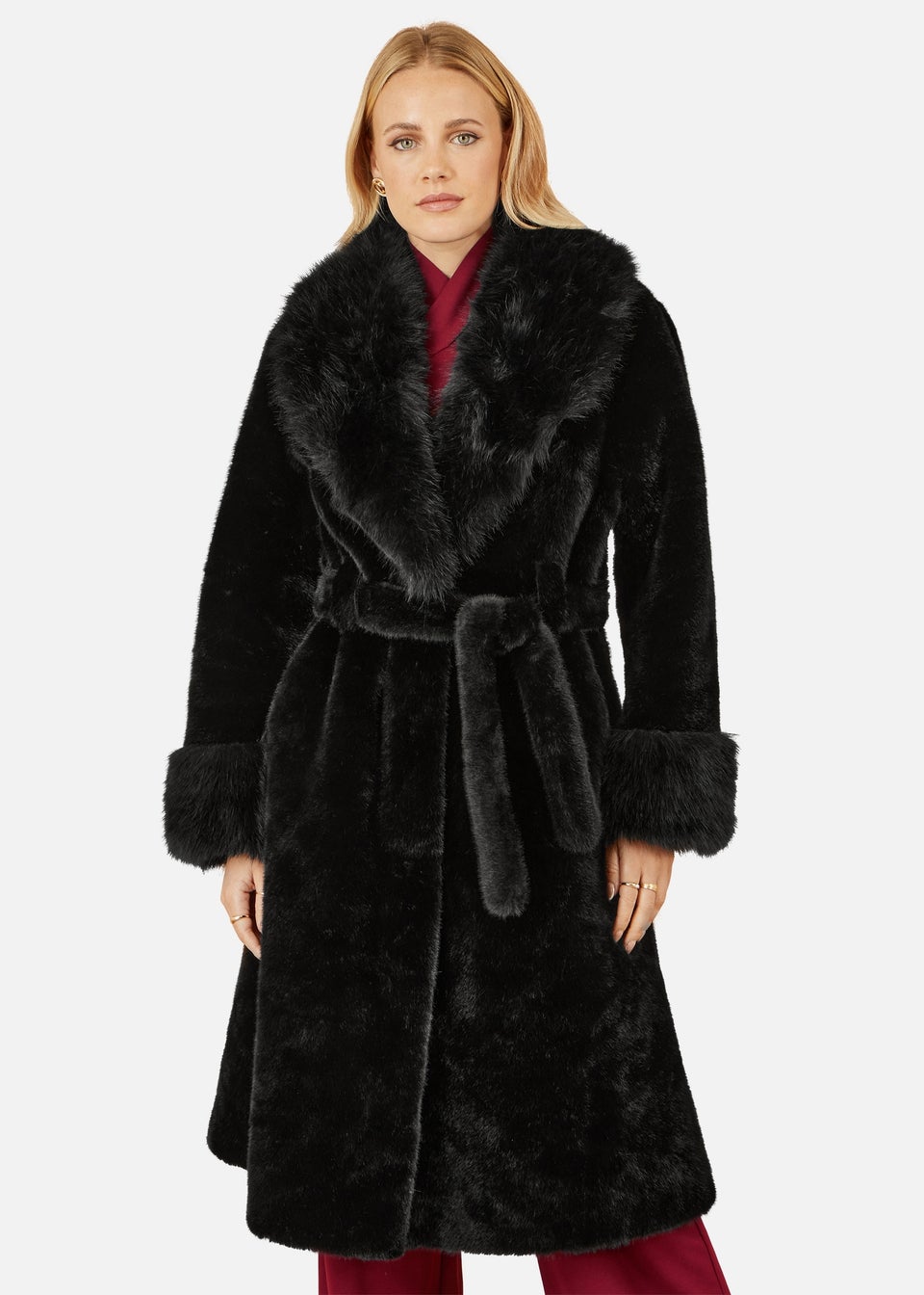 Yumi Black Wrap Faux Fur Coat With Oversize Collar