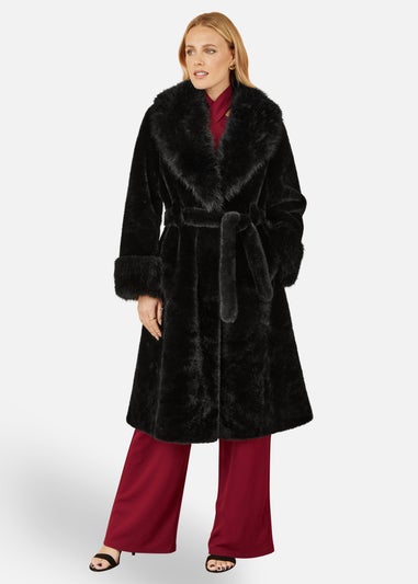 Yumi Black Wrap Faux Fur Coat With Oversize Collar