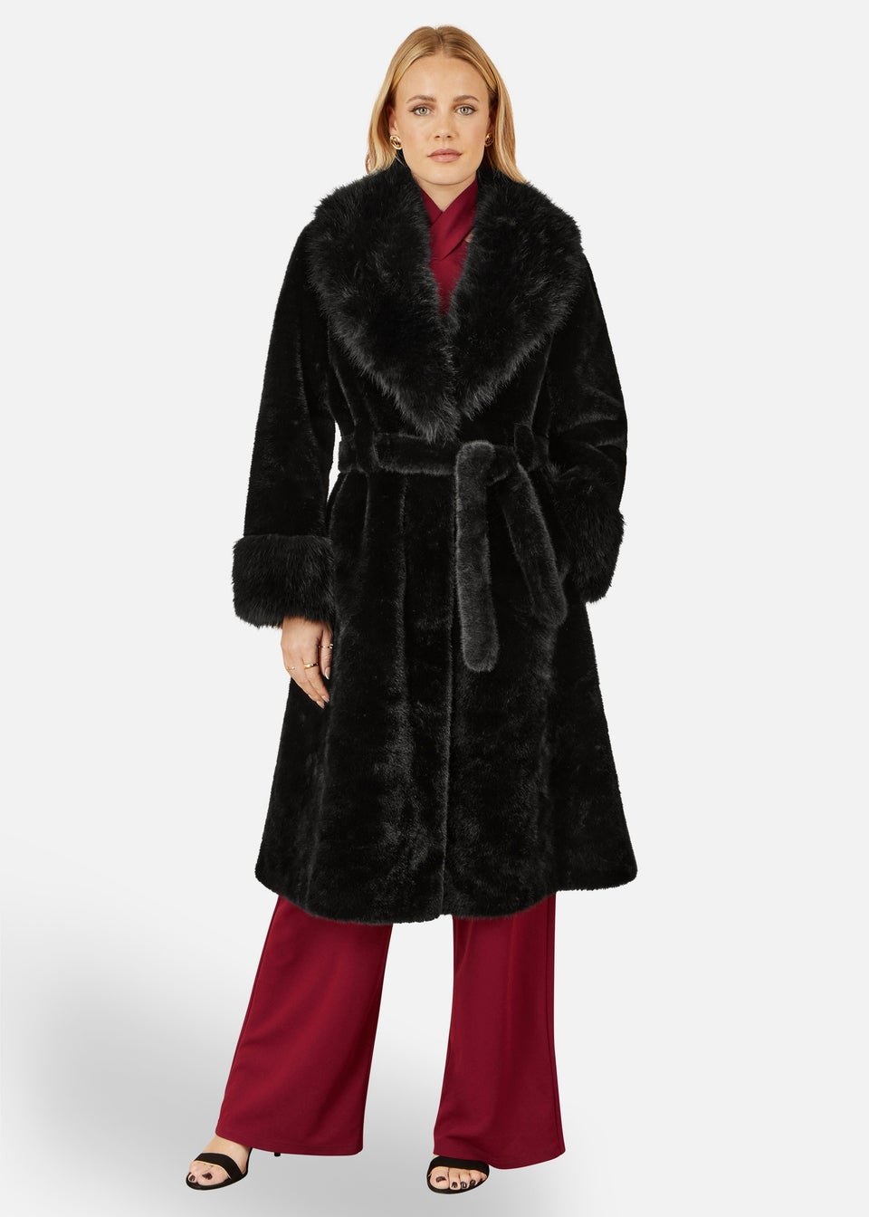 Yumi Black Wrap Faux Fur Coat With Oversize Collar