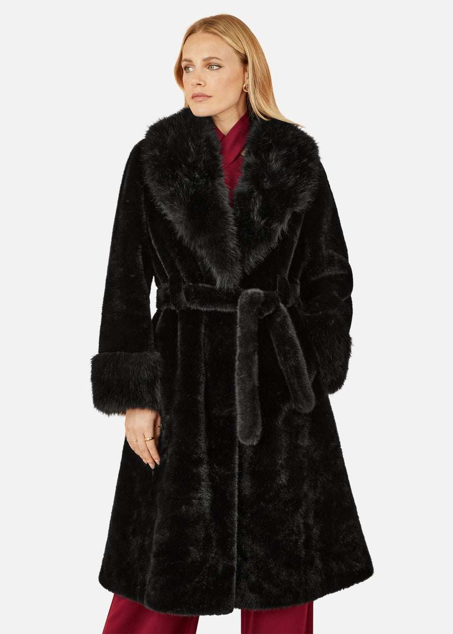 Yumi Black Wrap Faux Fur Coat With Oversize Collar