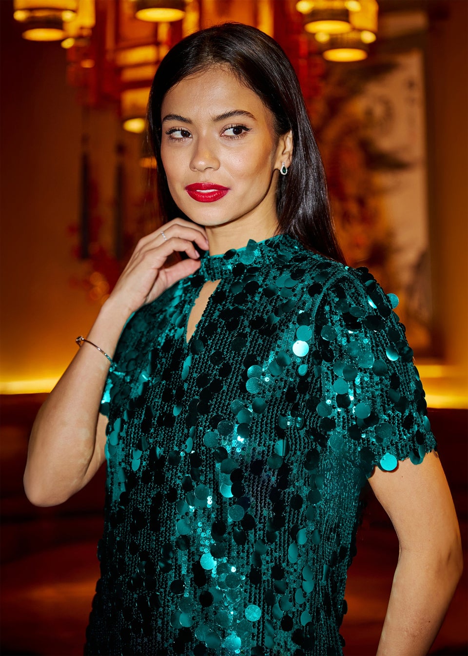 Yumi Green Big Sequin Tunic With Keyhole Neckline