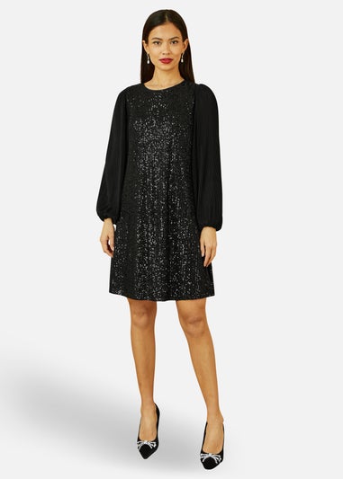 Yumi Black Velvet Sequin Tunic Dress With Long Pleated Sleeves