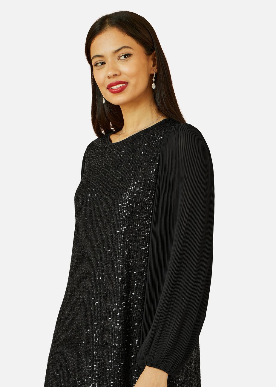 Yumi Black Velvet Sequin Tunic Dress With Long Pleated Sleeves
