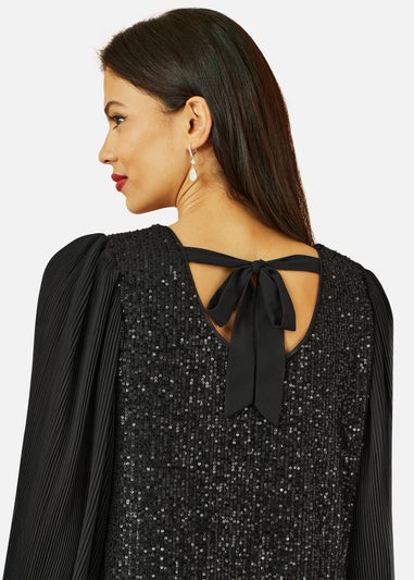 Yumi Black Velvet Sequin Tunic Dress With Long Pleated Sleeves
