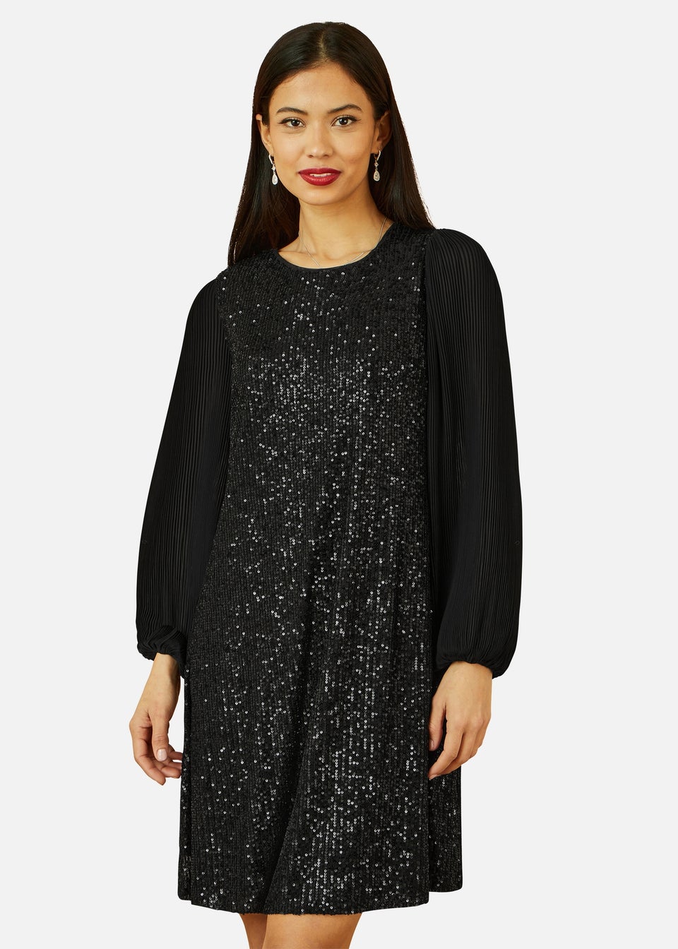 Yumi Black Velvet Sequin Tunic Dress With Long Pleated Sleeves