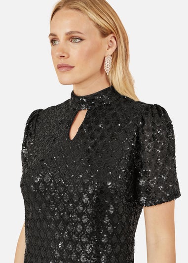 Yumi Black Sequin Tunic Dress With Chevron Pattern & A Keyhole Neckline