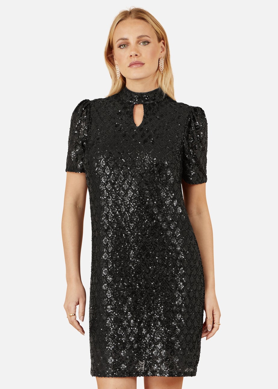 Yumi Black Sequin Tunic Dress With Chevron Pattern & A Keyhole Neckline