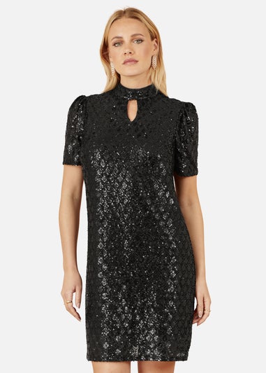 Yumi Black Sequin Tunic Dress With Chevron Pattern & A Keyhole Neckline