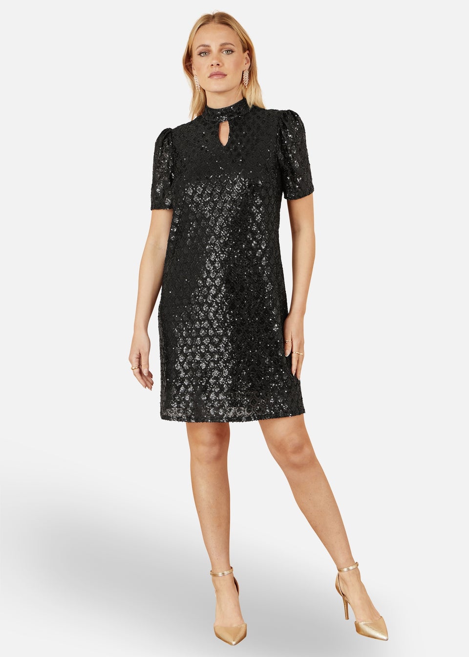 Yumi Black Sequin Tunic Dress With Chevron Pattern & A Keyhole Neckline