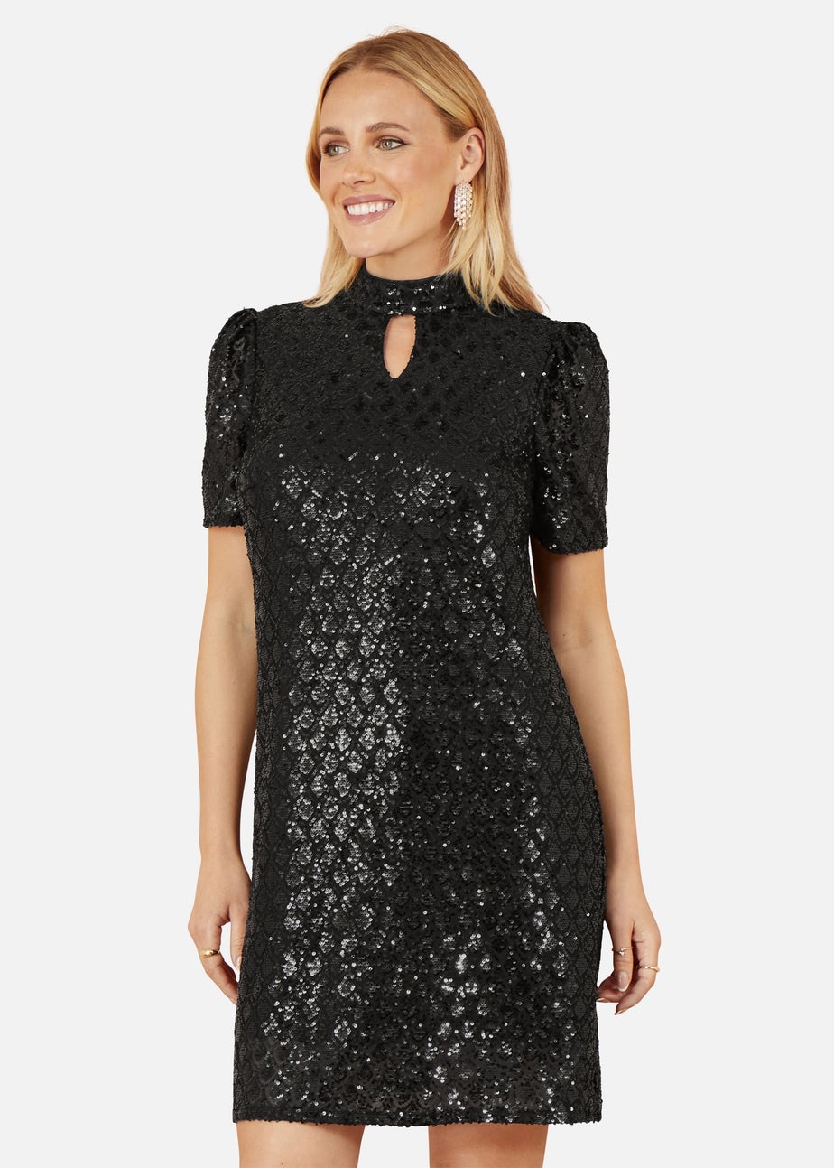 Yumi Black Sequin Tunic Dress With Chevron Pattern & A Keyhole Neckline
