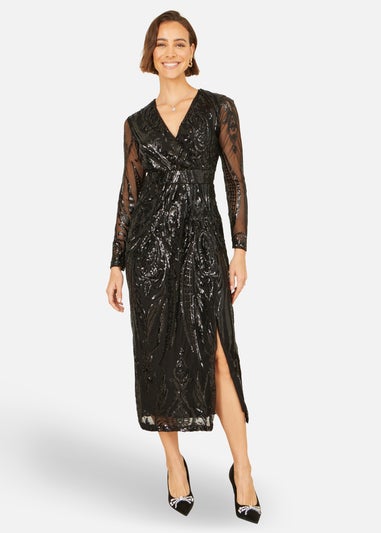 Yumi Black Sequin Midi Wrap Dress With Split Hemline & Long Sleeves