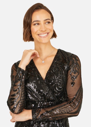 Yumi Black Sequin Midi Wrap Dress With Split Hemline & Long Sleeves