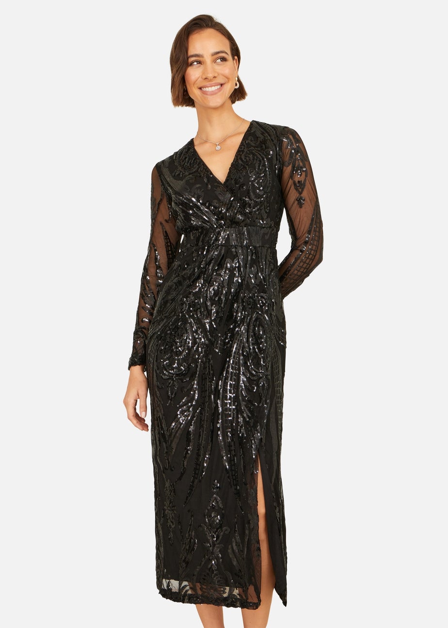 Yumi Black Sequin Midi Wrap Dress With Split Hemline & Long Sleeves