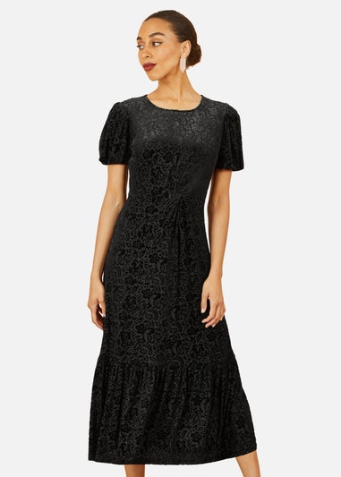 Yumi Black Floral Velour Velvet Twist Waist Midi Dress