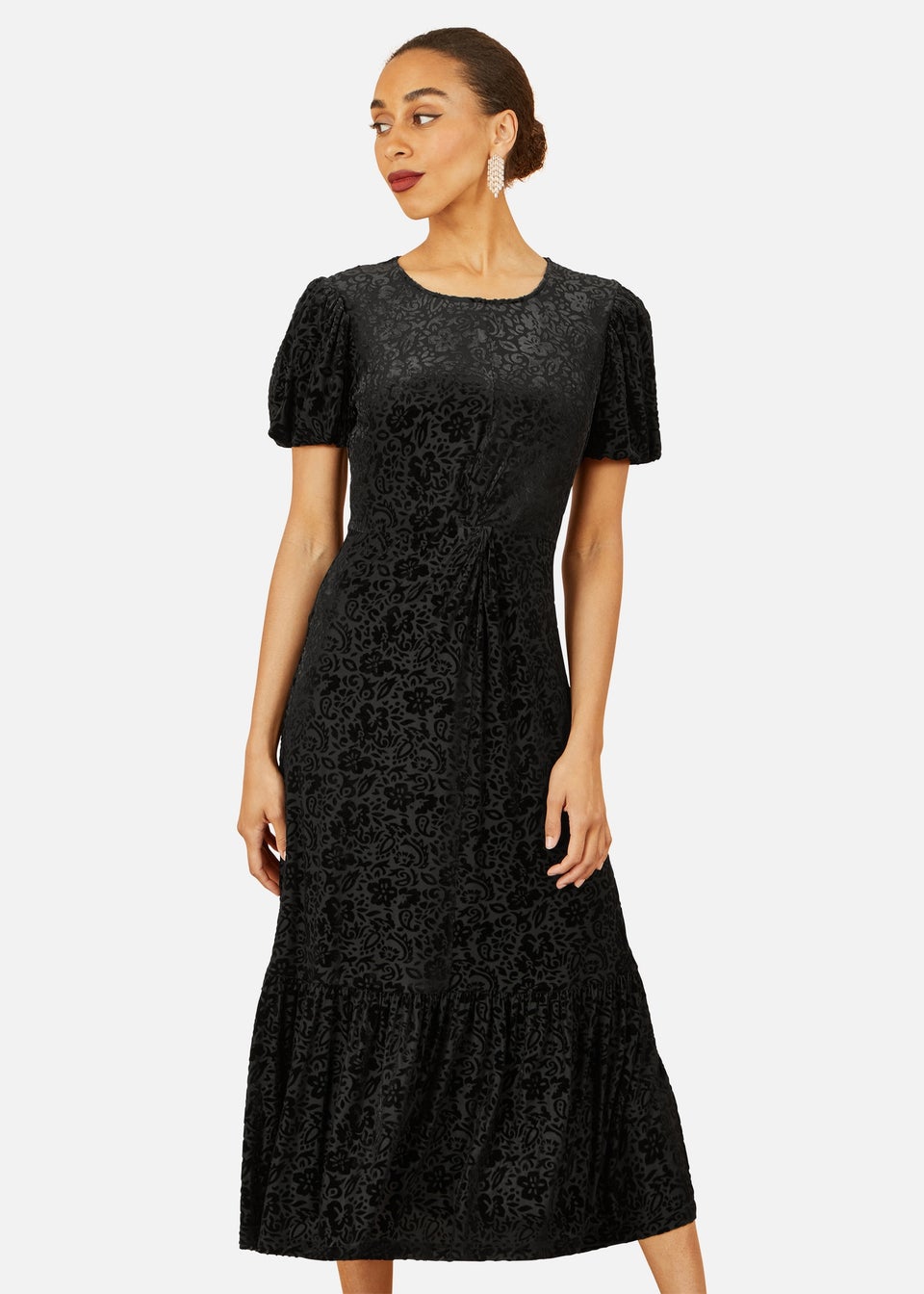 Yumi Black Floral Velour Velvet Twist Waist Midi Dress