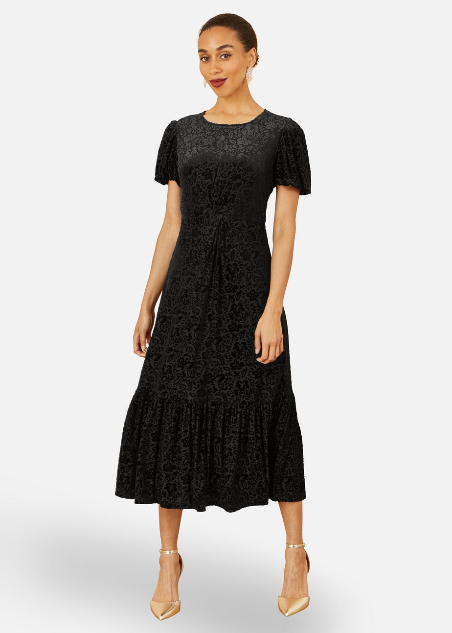 Yumi Black Floral Velour Velvet Twist Waist Midi Dress
