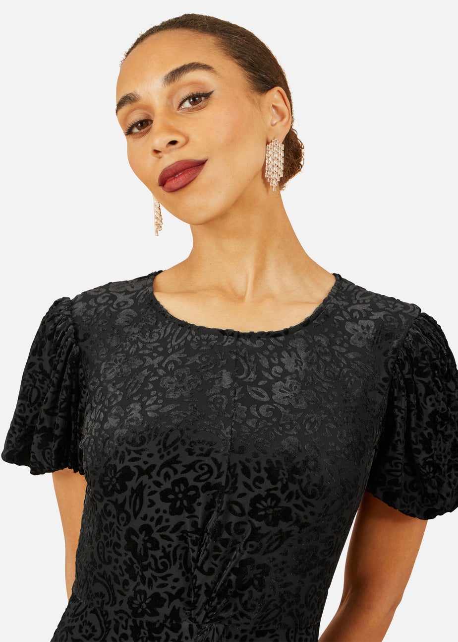 Yumi Black Floral Velour Velvet Twist Waist Midi Dress