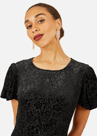 Yumi Black Floral Velour Velvet Twist Waist Midi Dress