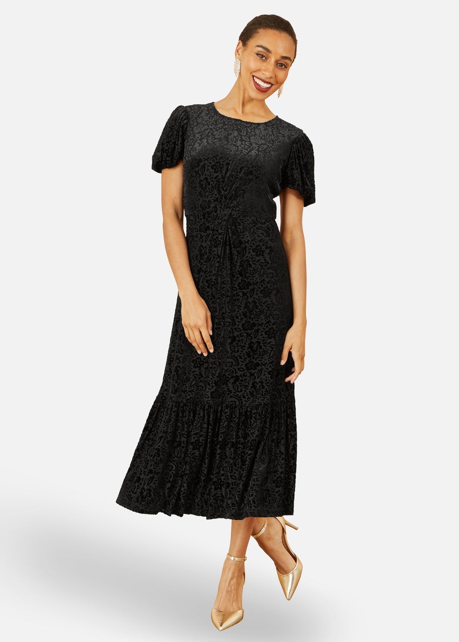 Yumi Black Floral Velour Velvet Twist Waist Midi Dress