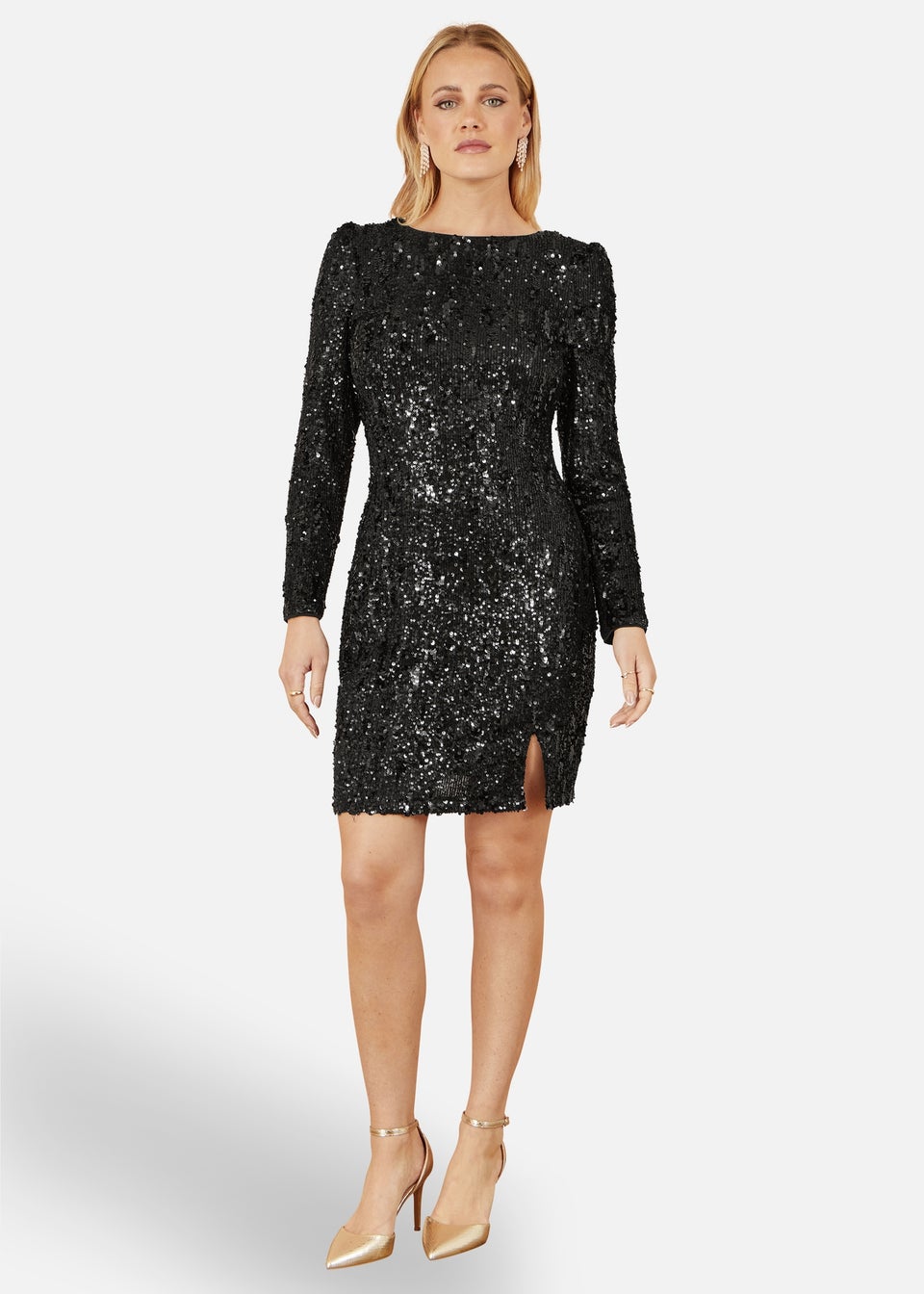 Yumi Black Sequin Long Sleeve Fitted Dress