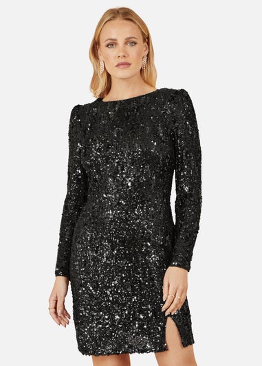 Yumi Black Sequin Long Sleeve Fitted Dress