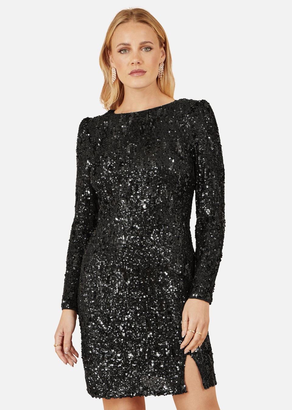 Yumi Black Sequin Long Sleeve Fitted Dress