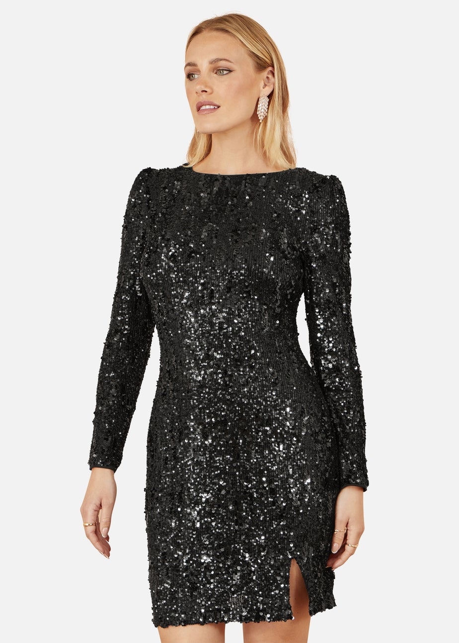 Yumi Black Sequin Long Sleeve Fitted Dress