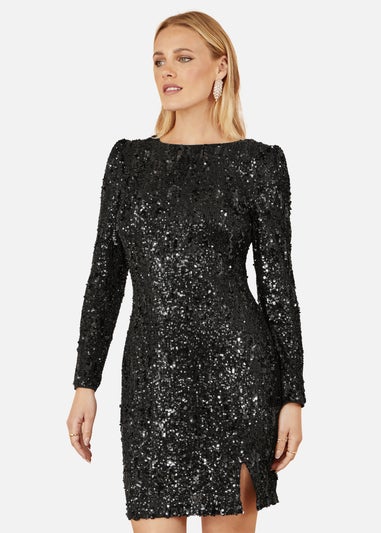 Yumi Black Sequin Long Sleeve Fitted Dress