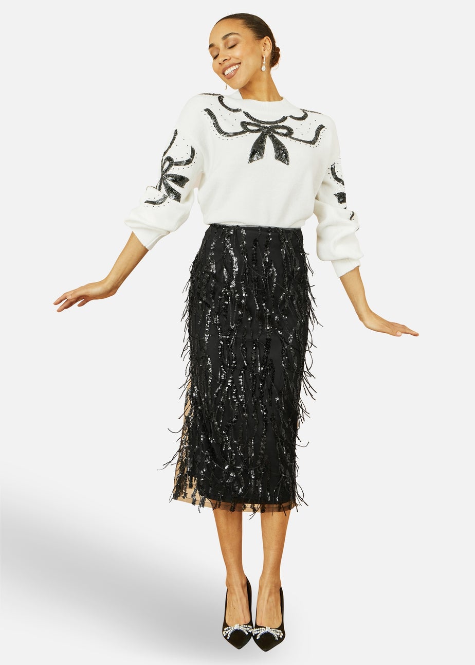 Yumi Black Hanging Sequin Fitted Midi Skirt