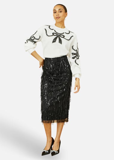Yumi Black Hanging Sequin Fitted Midi Skirt