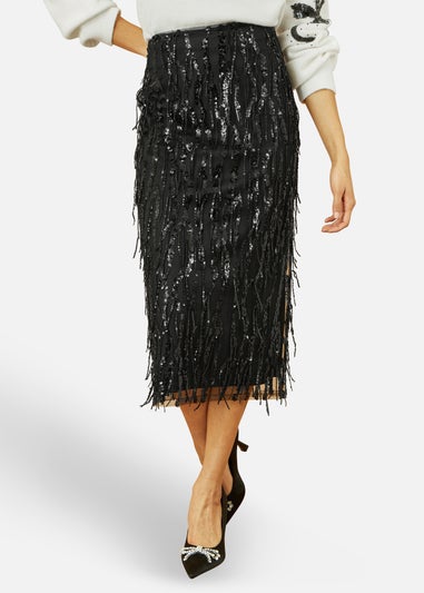 Yumi Black Hanging Sequin Fitted Midi Skirt