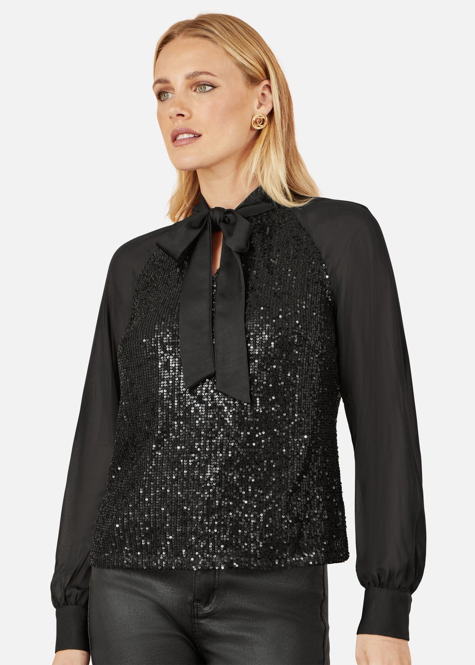 Yumi Black Sequin Pussy Bow Top