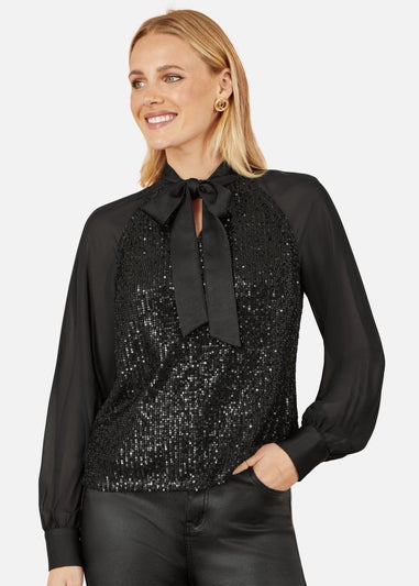 Yumi Black Sequin Pussy Bow Top