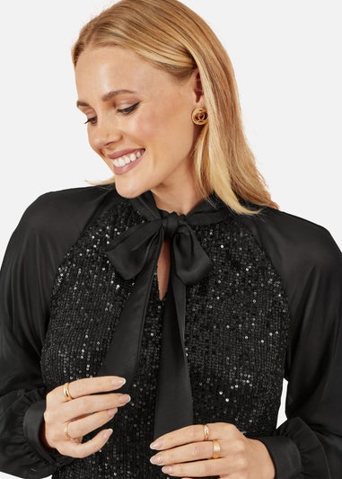 Yumi Black Sequin Pussy Bow Top