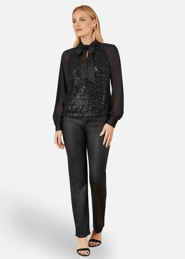 Yumi Black Sequin Pussy Bow Top